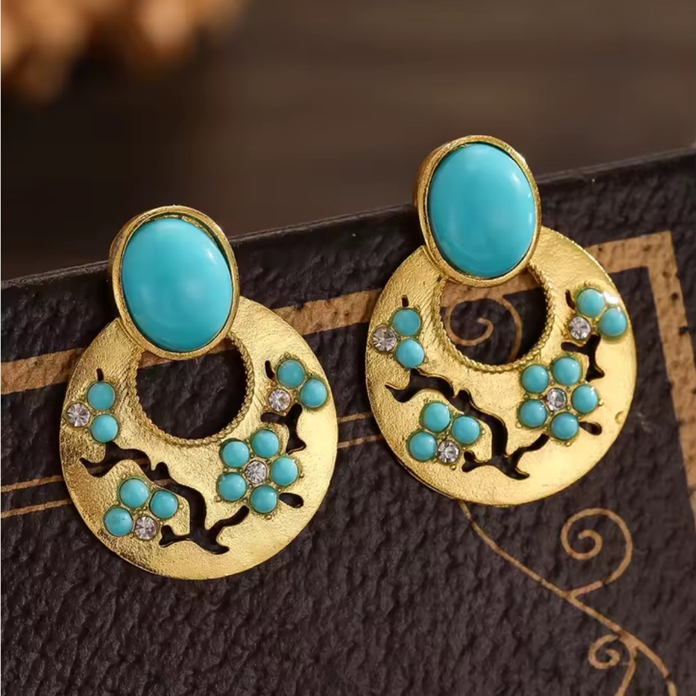 Chic Gold and Turquoise Floral Earrings